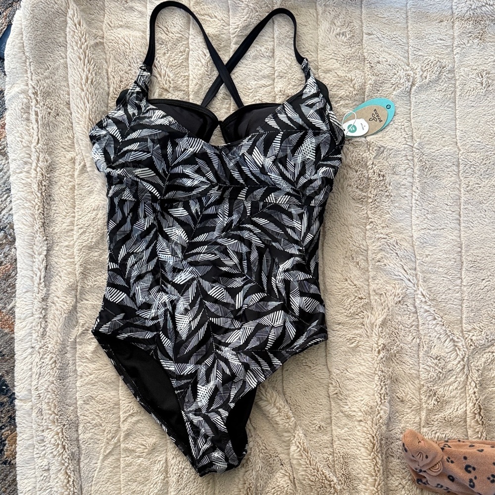 Prana Black and White Leaf Pattern Swimsuit